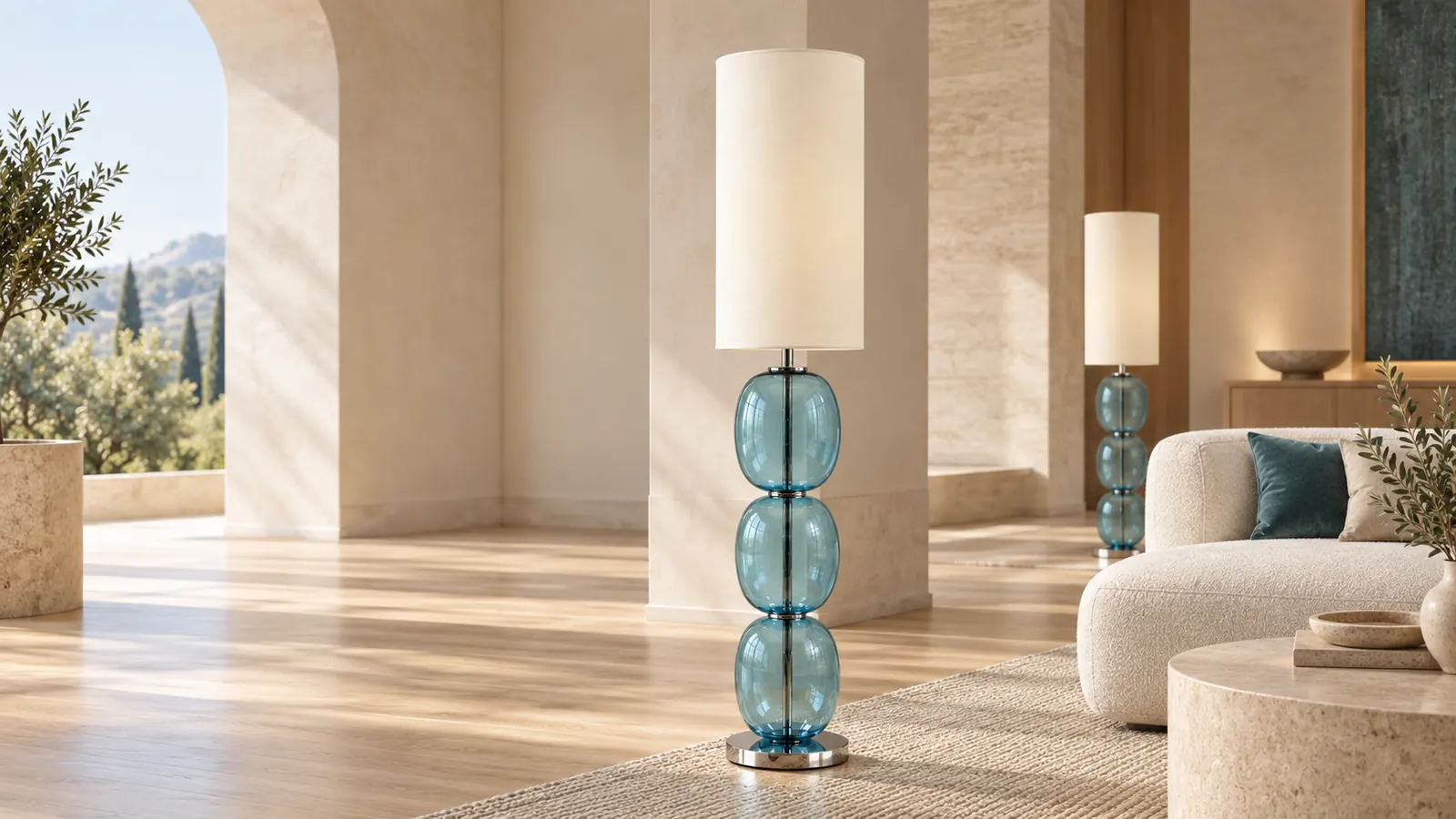 Glass & colour lighting in a calm architectural interior