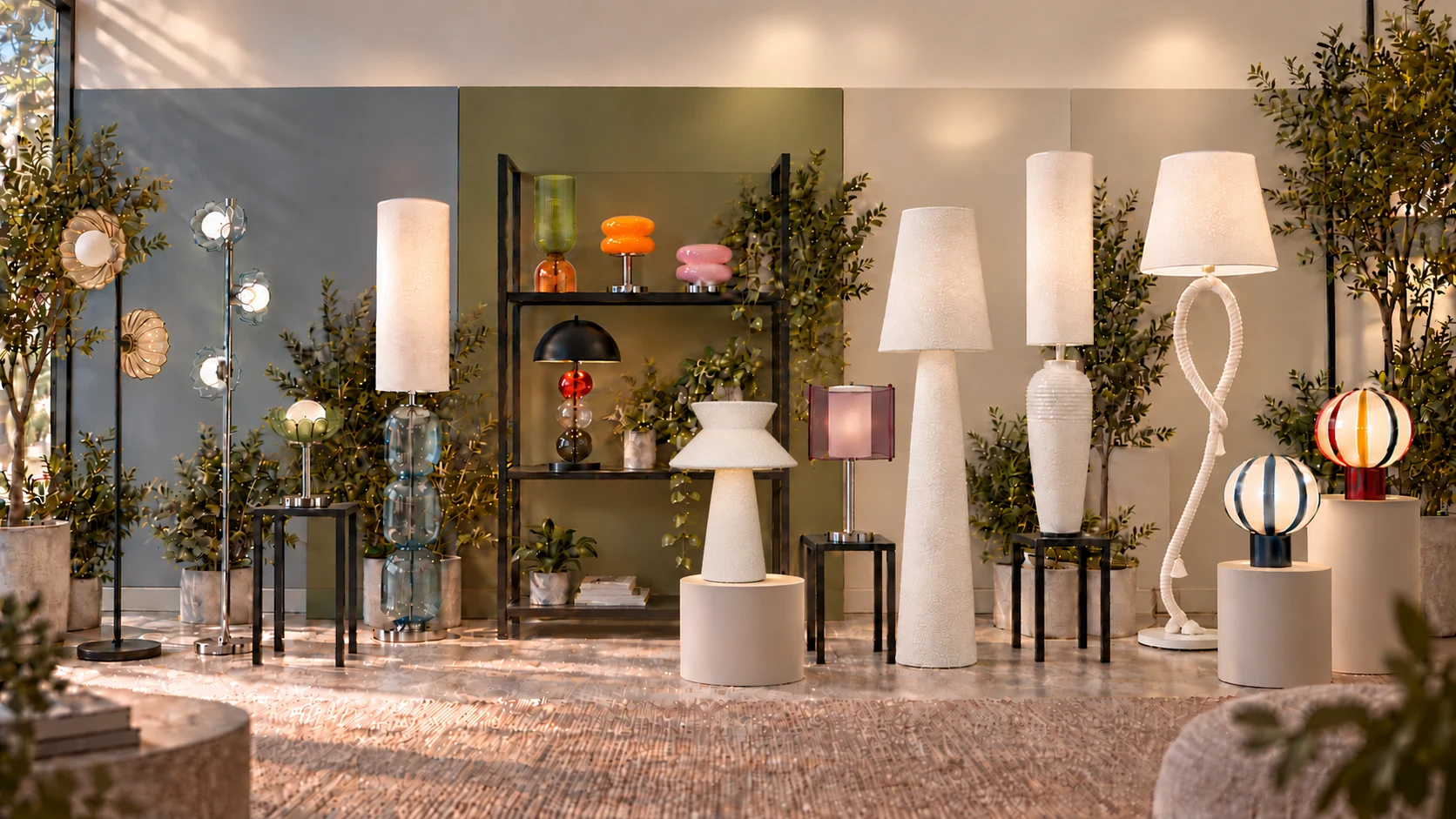 Catalogue styling scene combining sculptural floor lamps and colourful table lighting